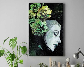 Graffiti flower woman portrait • Street art stretched canvas print • Lady portrait floral painting • Figurative wall art • Spray paint art