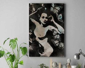 Female nude erotic wall art • Naked woman portrait with butterflies • Graffiti canvas giclèe print • Sexy pin up illustration • Modern art
