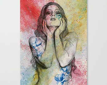 Original graphite pencil drawing • Naked woman portrait • Magnolia flowers • Spray paint acrylic painting • Sexy female nude wall art
