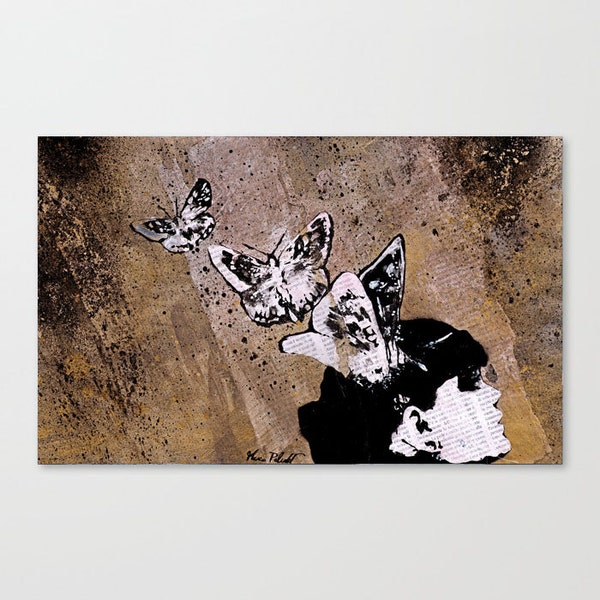 Original acrylic painting Spray paint Pen portrait newspaper art Woman with butterflies illustration Graffiti wall art Home decor Gold 16x10