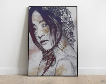 Japanese woman poster • Giclée fine art print • Asian lady drawing • Chinese girl portrait • Doodles mandala poster • Geometric wall art