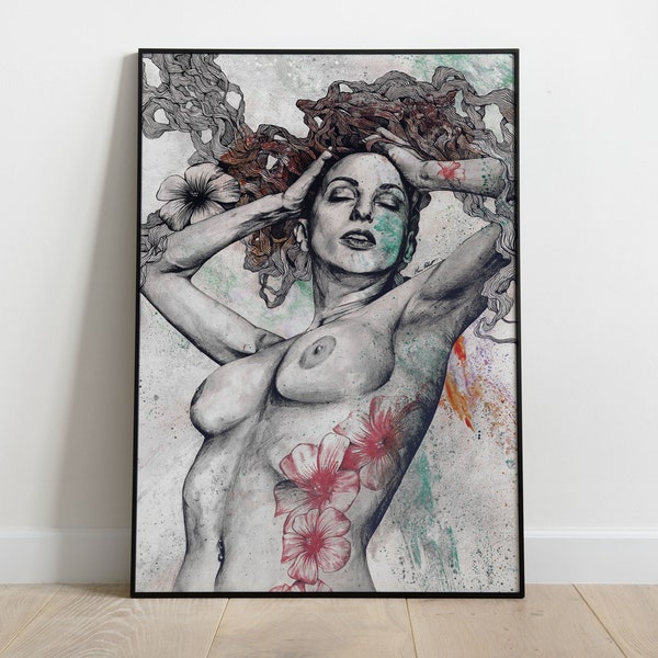 Nude female portrait • Street art erotic wall art print • Topless pin up sexy poster • Flowers tattoo woman naked breasts • Big boobs