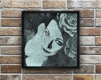 Gothic lady face • Woman portrait with roses • Giclèe fine art print • Graffiti pin up poster • Sexy eyes female painting • Floral wall art