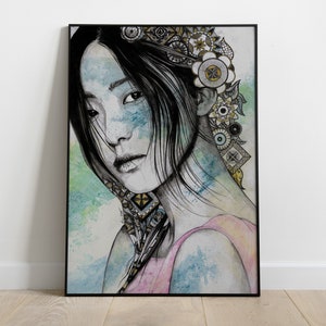 Retrato a lápiz de mujer japonesa • Impresión de arte giclée • Dibujo de mujer asiática con ojos almendrados • Póster con garabatos de mandala geométricos