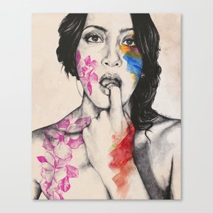 Expressive female portrait • Sexy tattoo woman wall art • Magnolia flowers illustration • Realistic graphite pencil drawing