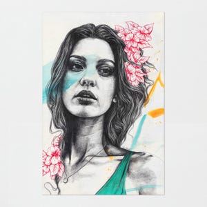 Vrouwengezicht met rode bloemen • Origineel schilderij • Bloemenkrabbelillustratie • Realistisch vrouwenportret • Hedendaagse kunst