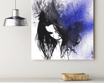 Sad woman painting stretched canvas print • Street art female portrait • Sadness wall art • Minimalist figurative painting