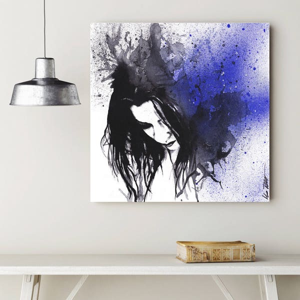 Sad woman painting stretched canvas print • Street art female portrait • Sadness wall art • Minimalist figurative painting