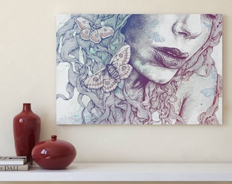 Street art canvas print • Butterfly sensual woman portrait • Figurative modern wall art • Sexy lips drawing • Moth insects outline sketch