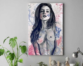 Erotic illustration wall art • Nude breasts woman portrait • Street art canvas fine art print • Figurative sex drawing • Butterflies tattoo