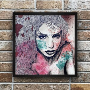 Retrato expresivo de arte callejero femenino • Impresión de arte de niña con flores • Dibujo de mujer con tatuaje floral • Póster de arte moderno