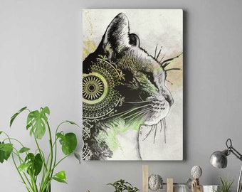 Mandala tabby cat drawing • Giclée street art print on canvas • Cute animal portrait modern wall art • Zentangle kitty drawing