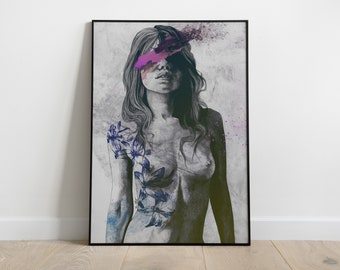 Erotic drawing poster • Sexy female nude portrait • Lilies flower tattoo woman portrait • Giclée fine art print • Mysterious woman wall art