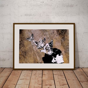 Graffiti wall art giclèe print Butterflies poster minimalist wall decor Spray paint art Newspaper art painting Female silhouette image 6