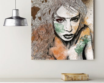 Flower tattoo woman portrait • Petunias sketch drawing • Doodle floral pattern • Stretched canvas print • Square wall art for living room