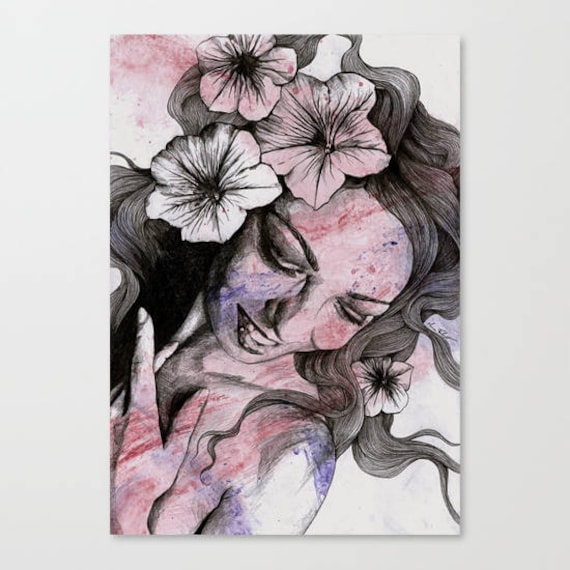 Smiling Woman Portrait With Flowers Original Pencil Drawing Sketch Petunia Acrylic Painting Floral Wall Art Sexy Female Figure