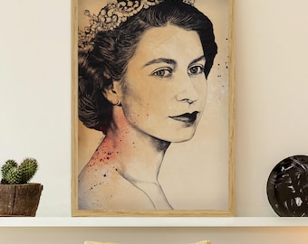 Young Queen Elizabeth II portrait • Realistic pencil drawing • Royal family original wall art • Street art spray paint painting • 28"x20"