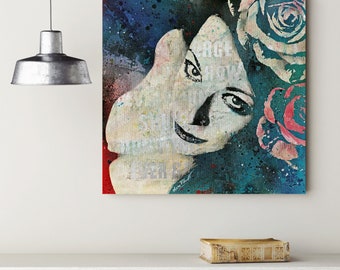 Expressive portrait of woman with roses • Graffiti stretched canvas print • Sensual female painting • Spray paint floral wall art