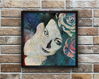 Graffiti female portrait • Dark lady with roses • Artistic photo print • Lustre photo paper • Modern wall art decor • Figurative painting