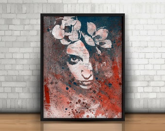 Graffiti art print • Female face painting • Spray paint flowers painting • Street art floral poster • Giclée print • Red blood illustration