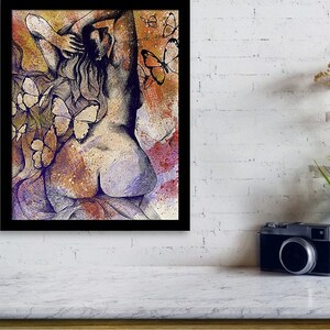 May include: A colorful abstract painting of a woman with butterflies. The woman is nude and has her back to the viewer. The butterflies are in various shades of blue, purple, and white.