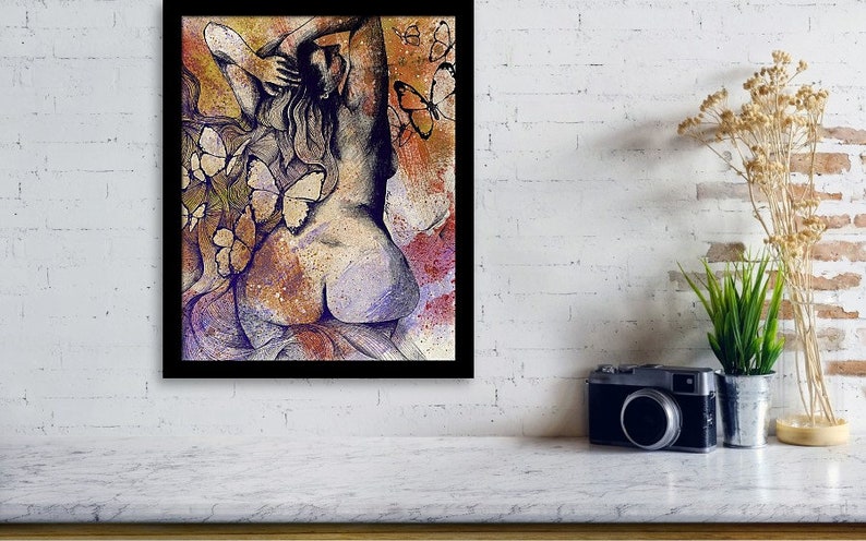 May include: A colorful abstract painting of a woman with butterflies. The woman is nude and has her back to the viewer. The butterflies are in various shades of blue, purple, and white.