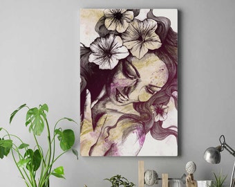 Smiling lady portrait with petunia flowers • Stretched canvas print • Happy girl figurative sketch drawing • Street art floral illustration