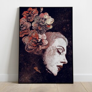 Stampa giclée graffiti • Ritratto donna con fiori • Poster floreale • Dipinto figurativo profilo di donna • Stampa artistica pop art