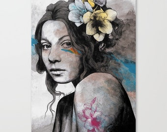 Young girl expressive portrait • Original pencil drawing • Freesia flowers illustration • Female figure wall art • Spray paint painting