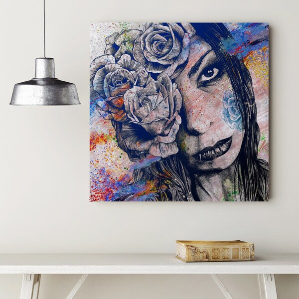 Goth flower lady portrait • Street art stretched canvas print • Roses tattoo woman portrait wall art • Floral drawing ready to hang