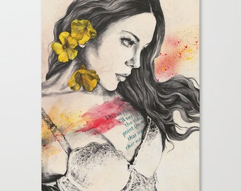 Tattoo woman in lingerie realistic pencil drawing • Sexy female pencil portrait • Yellow flowers illustration • Female figure large wall art