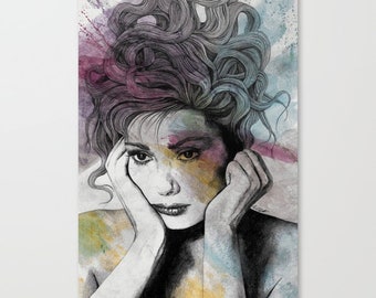 Edwige Fenech original wall art • Graphite pencil drawing acrylic ink painting • Sad eyes lady expressive portrait • Pop art movie celebrity