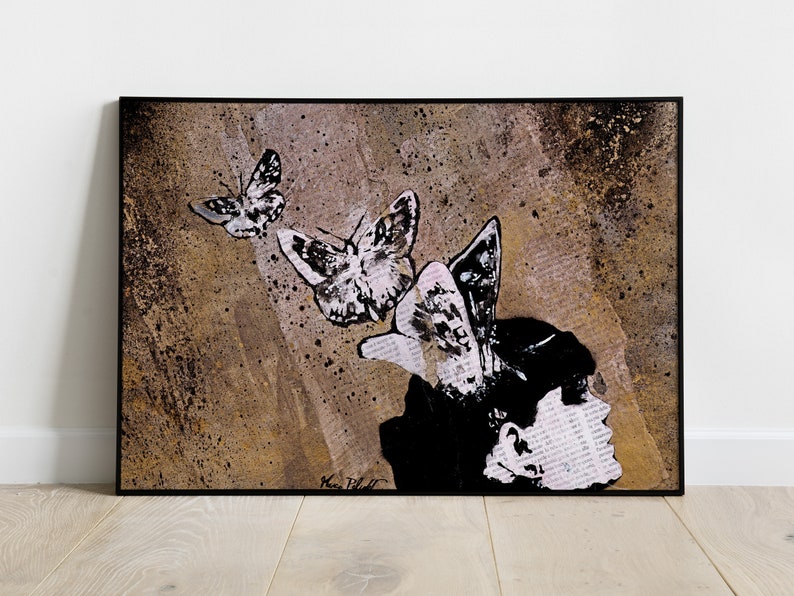 Graffiti wall art giclèe print Butterflies poster minimalist wall decor Spray paint art Newspaper art painting Female silhouette image 1