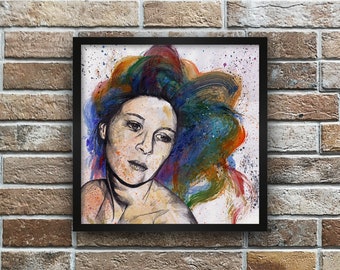 Rainbow hair woman painting • Pop art illustration poster • Watercolor female portrait figurative art print • Street art wall art