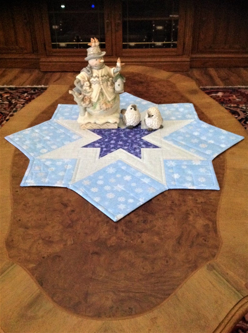 Quilted Table Topper Candle Mat Centerpiece Glacier Star Reversible Snowflakes Winter Shimmer Pinecone Branches Blue White
