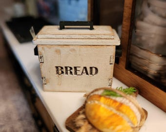 1:12 Scale Miniature Bread Box – Rustic White Distressed Wood