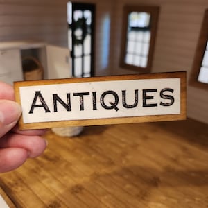 Dollhouse Miniatures sign, ANTIQUES, home decor, miniature sign, dollhouse accents, 1:12 scale