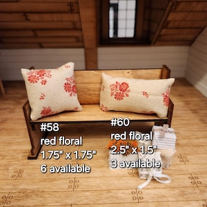Dollhouse Miniatures Accent Pillow, TAN RED FLORAL, dollhouse decorations, miniature pillows, 1:12 scale