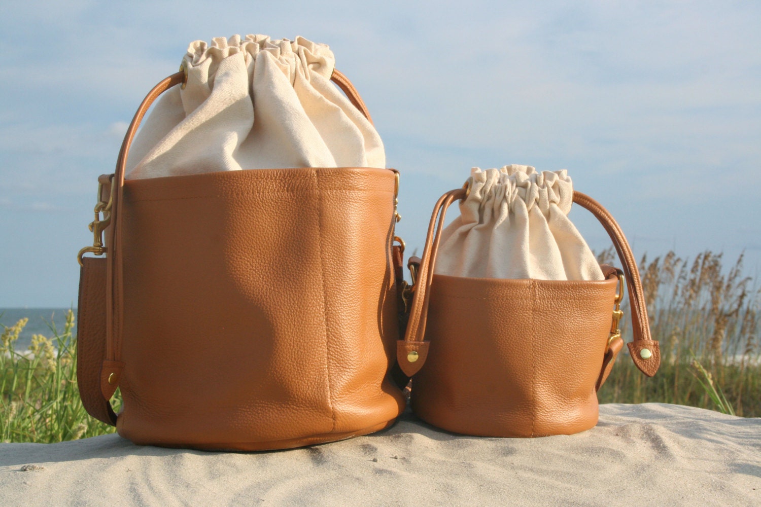 Canvas and Leather Bucket Bag Camel & OffWhite Crossbody Etsy