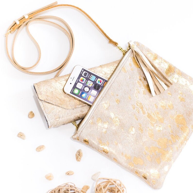 Cowhide Purse Leather Cross Body Bag Metallic Gold Leather Etsy