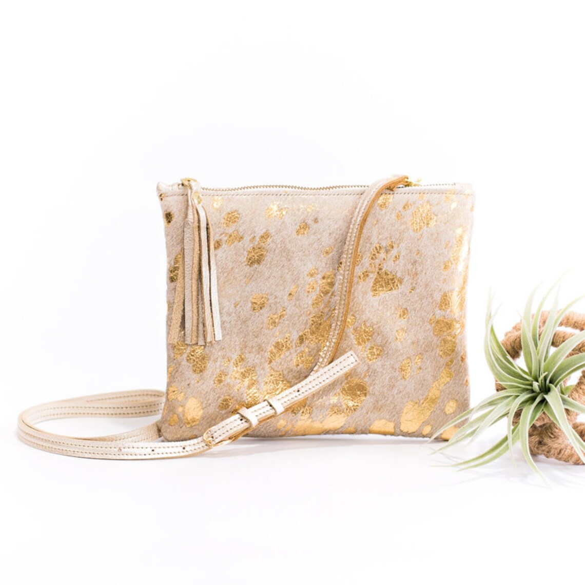 Cowhide Purse Leather Cross Body Bag Metallic Gold Leather Etsy