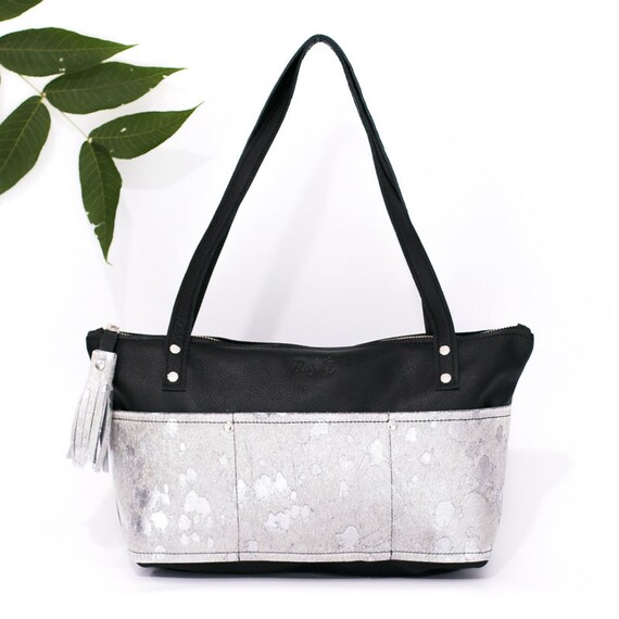 Silver Leather Purse with Pockets Leather Satchel Handbag with Tassel Black Shoulder Bag with Zipper Metallic Silver Leather