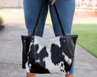 Real Cowhide Tote Hair on Black and White Cowhide Purse Bag Cow Hide Handbag Shoulder Bag Cow Skin Women bag Contrast Piping Tote Bags