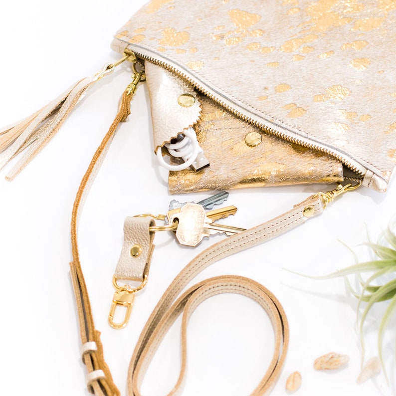 Cowhide Purse Leather Cross Body Bag Metallic Gold Leather Etsy