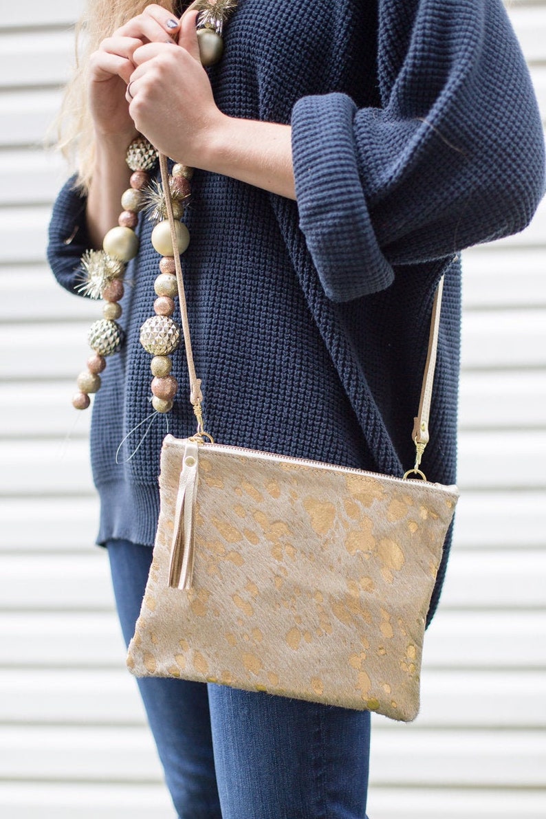 Cowhide Purse Leather Cross Body Bag Metallic Gold Leather Etsy