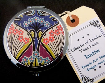 Liberty of London Ianthe fabric Compact Mirror purple lime pink and blue small luxury  gift for mother, sister best friend or teacher