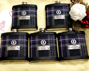 Your family, clan or Wedding Tartan hip flask with thistle and custom engraved stainless steel tag groomsmens, best Man , birthday gift.