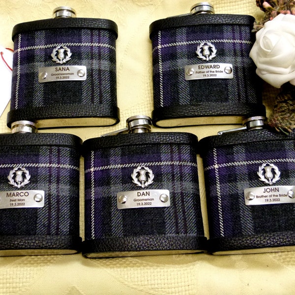 Your family, clan or Wedding Tartan hip flask with thistle and custom engraved stainless steel tag groomsmens, best Man , birthday gift.