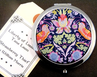 Liberty of London Strawberry Thief by William Morris fabric Compact Mirror purple pink green small luxury gift for mother sister best friend