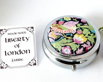 Strawberry Thief William Morris Liberty of London fabric  pink and green, Silver plated trinket or pill box medicine container